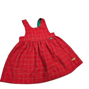 Vintage 90s‎ Elle Girls Red Wool Plaid Pinafore Dress 18M Holiday Sparkle Lined